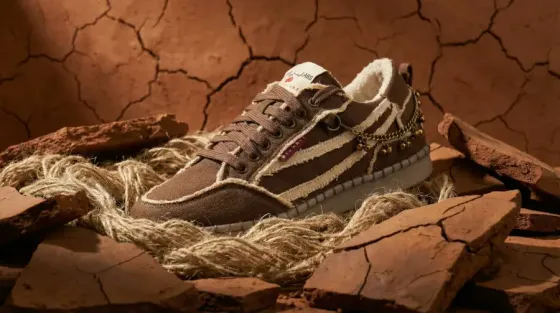 Sneaker on cracked earth, AI product photo